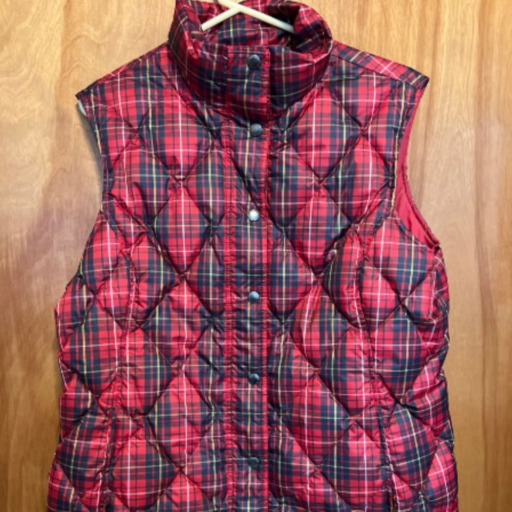 Lands End Red Plaid Puffer Vest Women’s Size Large